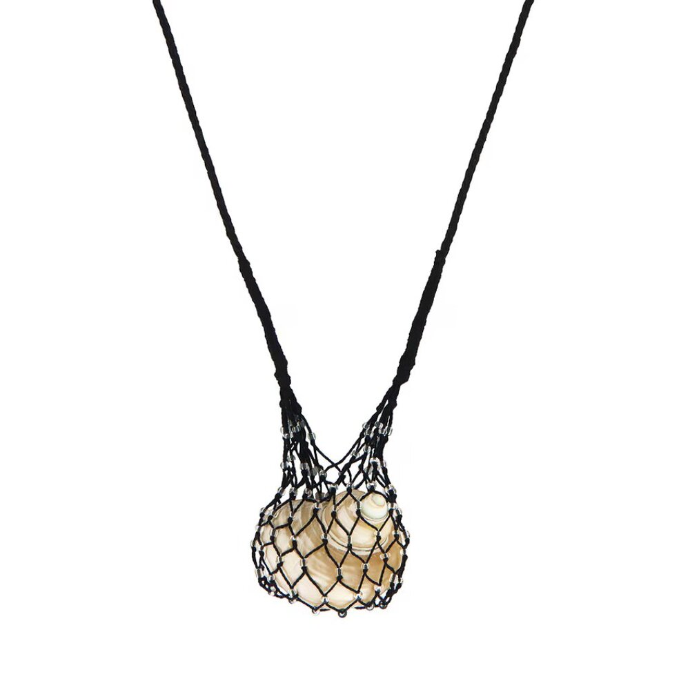 Black Net Pendant Necklace with Natural Shell Accent